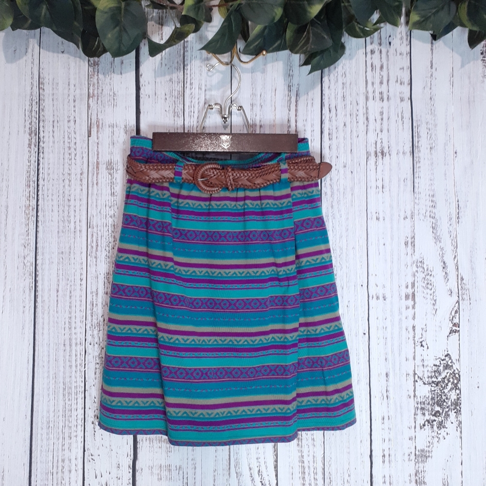 Vintage western cowgirl striped Aztec faux wrap skirt with braided leather belt